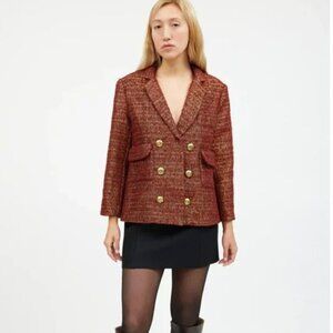 Smythe Metallic Orange Double-Breasted Tweed Magnetic Closure Blazer Size 4